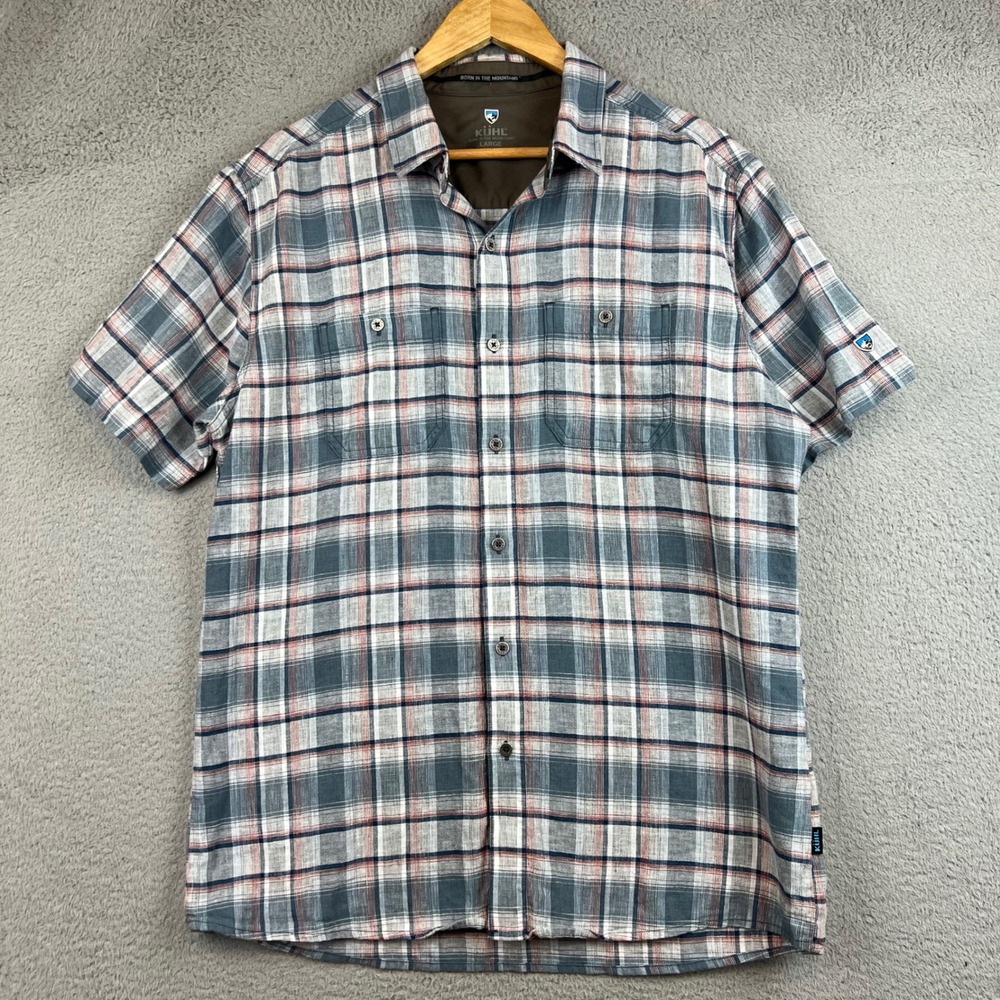 Kuhl Mens Large Blue Plaid Short Sleeve Button Down Shirt Outdoor Hiking